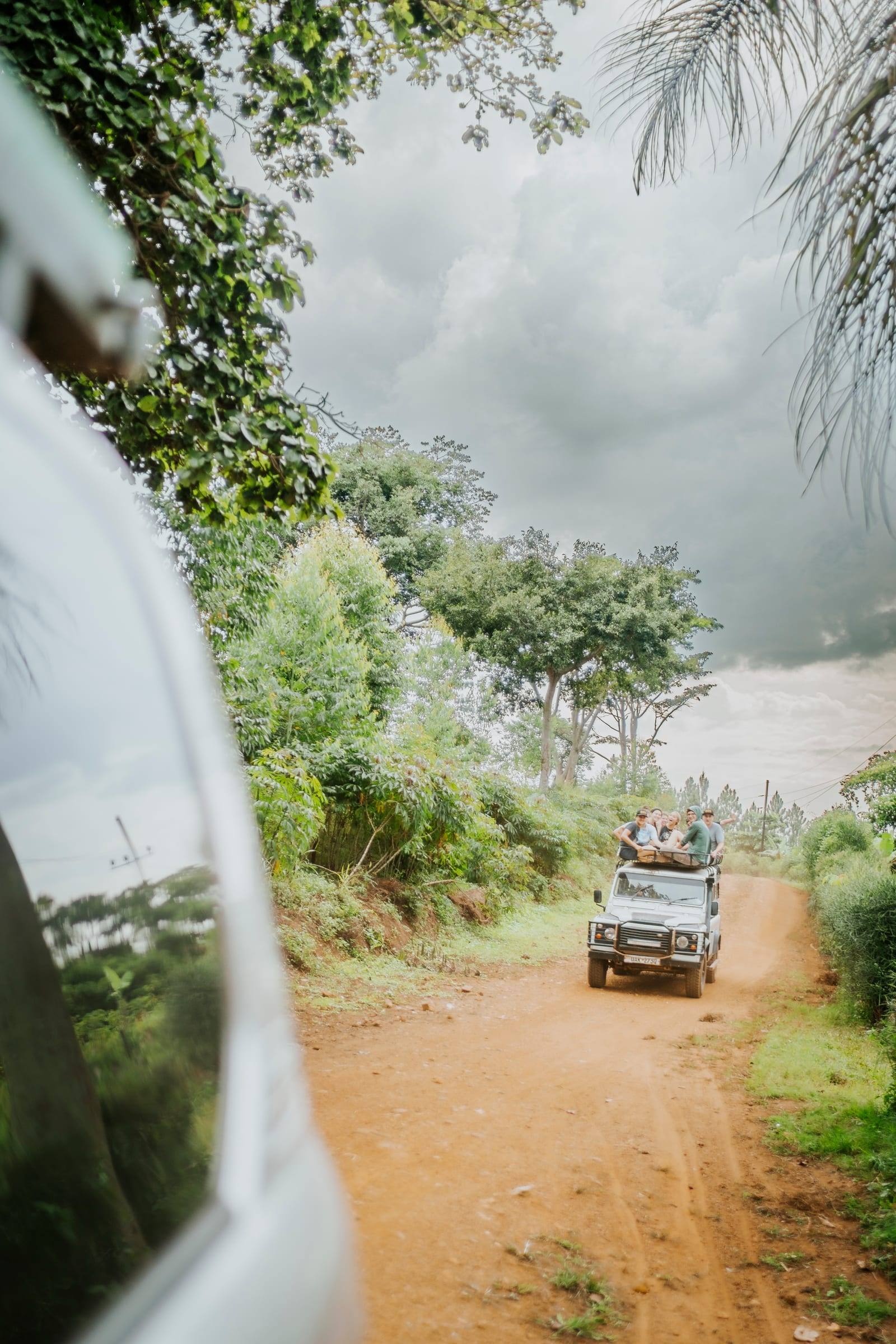 A truck waits on a dirt road through thick green trees